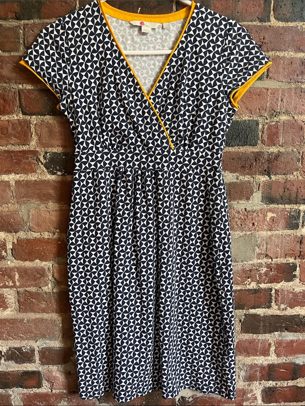Boden Navy & White Geometric Dress with Yellow Trim